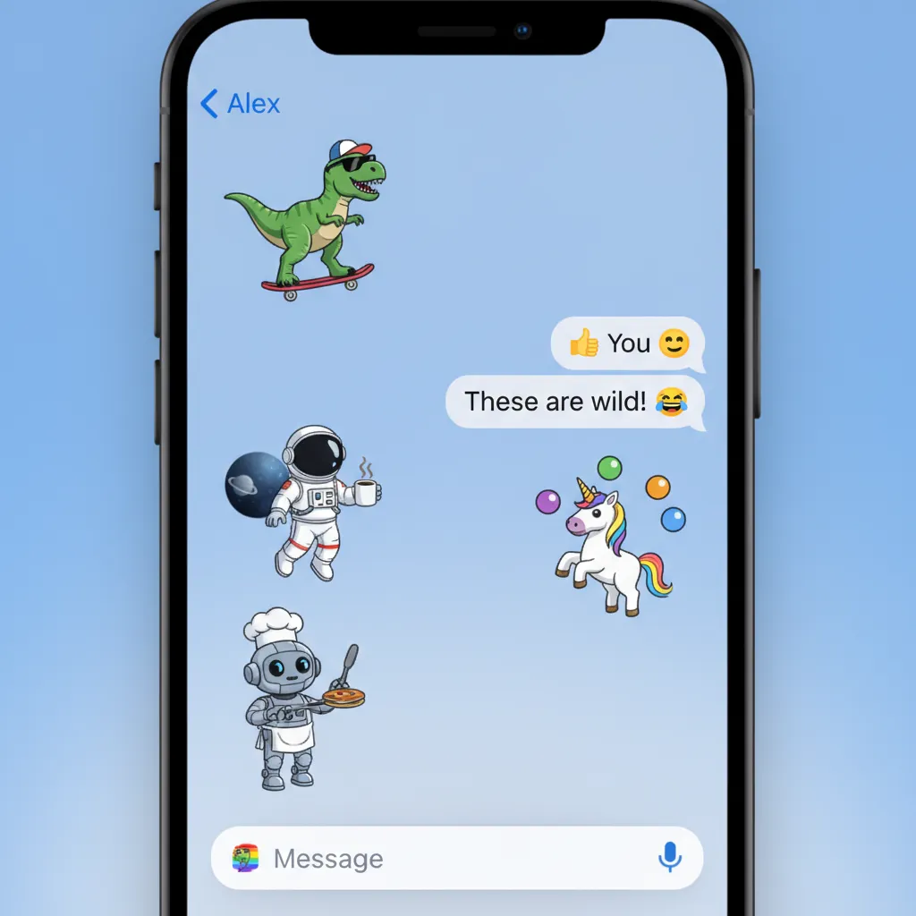 Showcase of various unique Genmoji characters sent in an iMessage conversation, showing creative and personal expressions.
