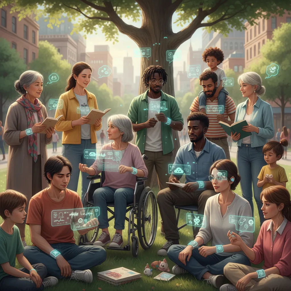 Diverse people with AI holographic interfaces