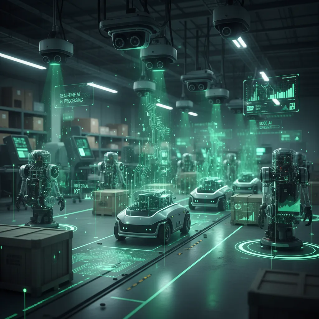 Robots and smart cameras on a factory floor with AI overlays