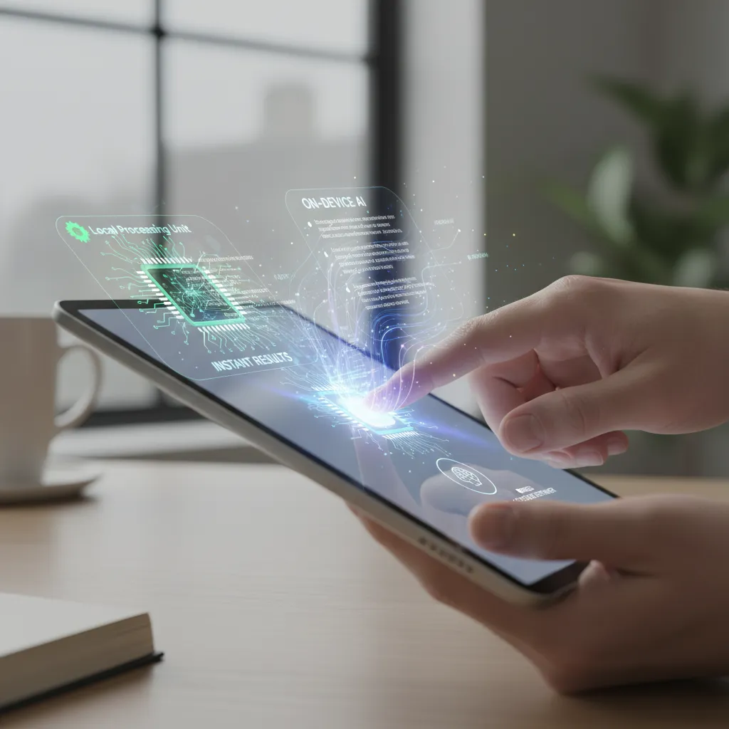 A person's hand interacting with a tablet that shows data being processed locally through glowing neural network visualizations.