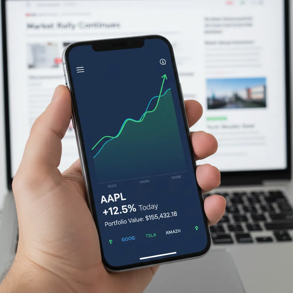 Hand holding smartphone with investing app showing stock graph