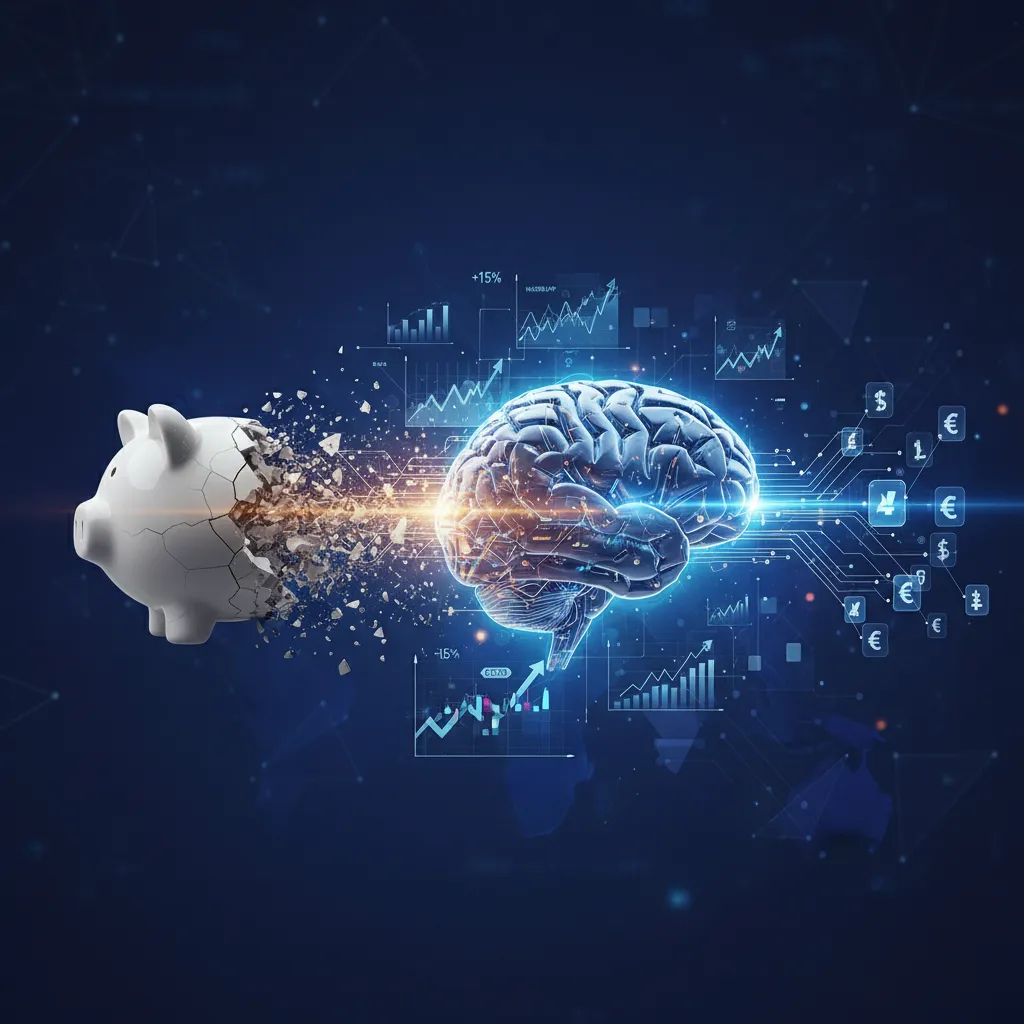 Piggy bank transforming into AI brain for investing