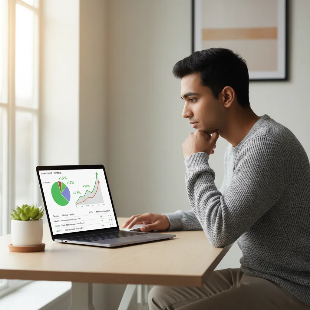 Person reviewing a diversified investment portfolio on a laptop.