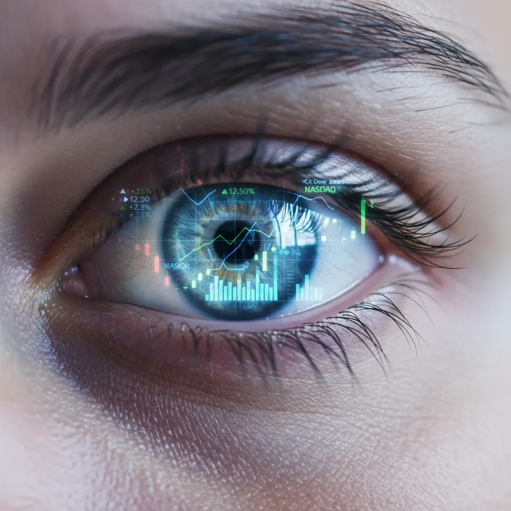 Human eye reflecting digital financial graphs, representing AI-driven investor insight.