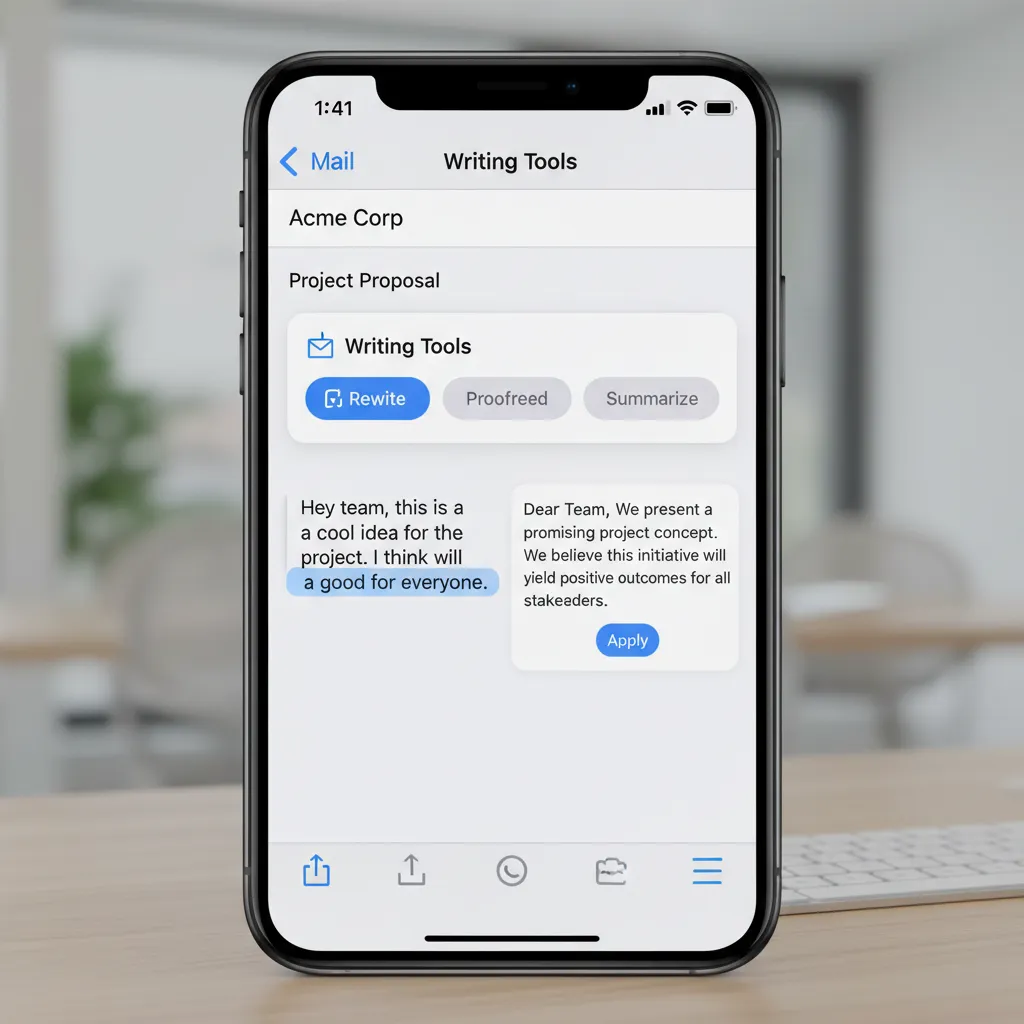 Demonstration of the new AI-powered writing tools in iOS 18, such as Rewrite and Summarize, inside an email app.