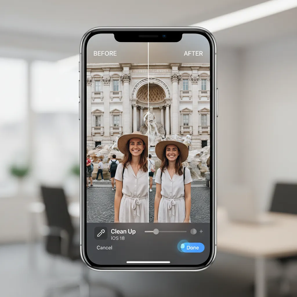 A before and after demonstration of the iOS 18 AI Clean Up tool removing background objects from a photo.