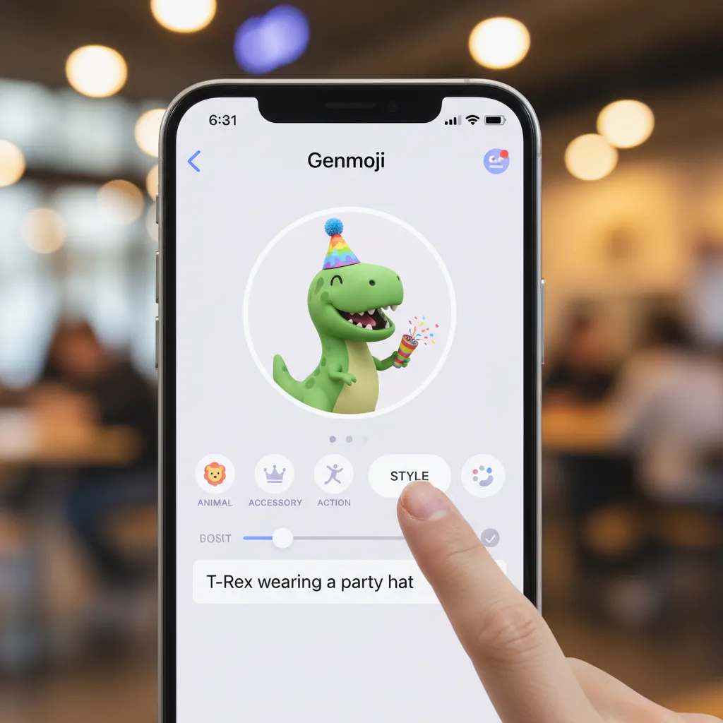 A user creating a custom Genmoji of a surfing astronaut on their iPhone screen, showcasing the new iOS 18 feature.