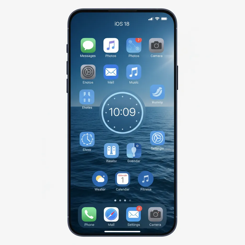 The new iOS 18 home screen showing customized app icons with a blue tint and placed freely on the grid.