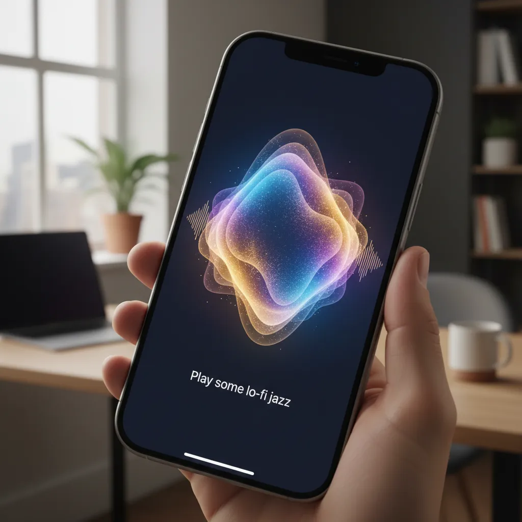 A user happily using the new and improved Siri on their iPhone 15 Pro, with the Apple Intelligence logo subtly integrated.