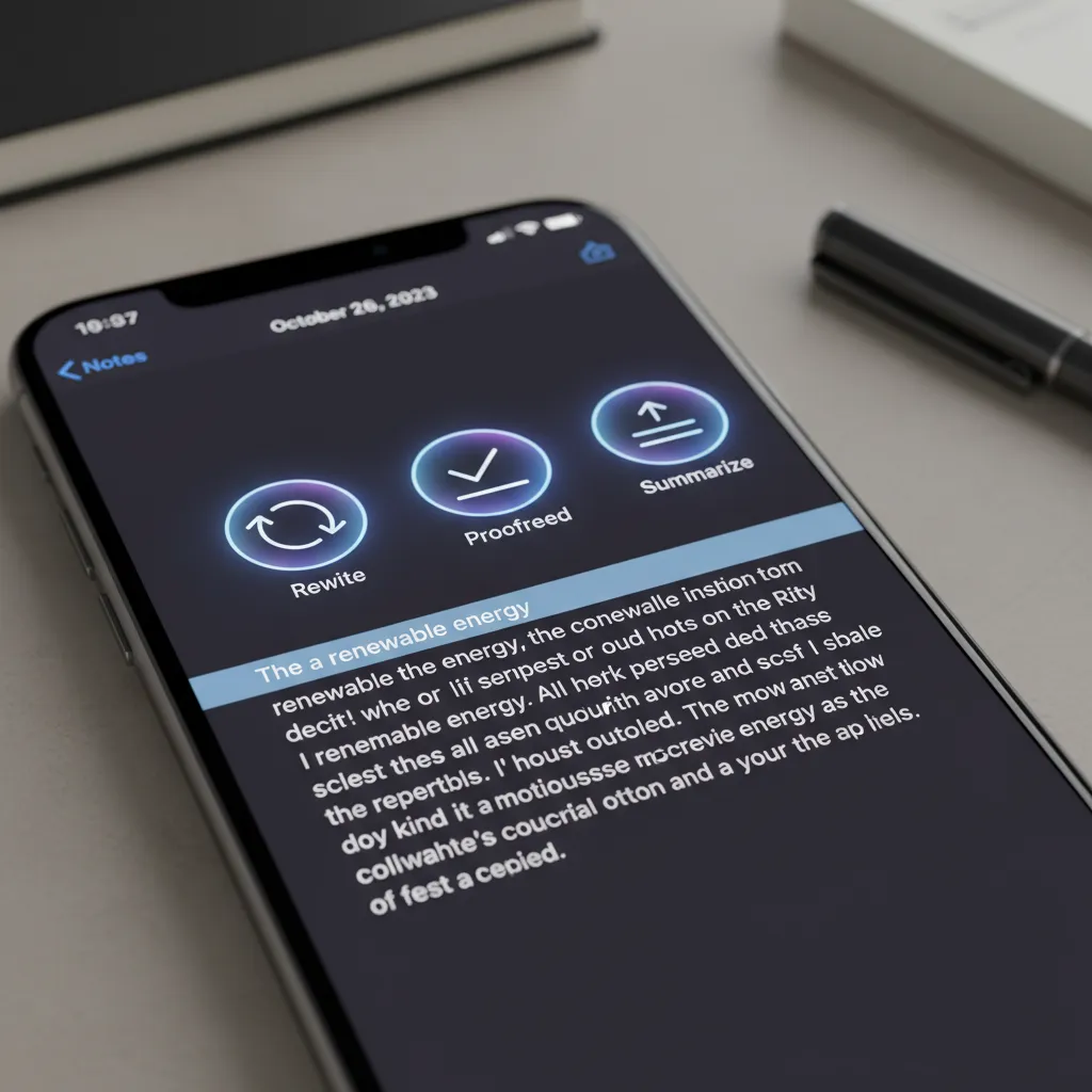 An iPhone screen showing the new AI Writing Tools in the Notes app.