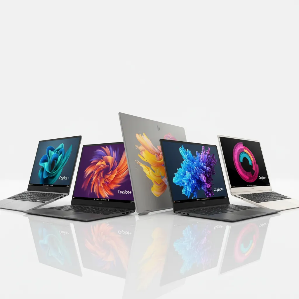 A lineup of the latest Copilot+ PC models from brands like Dell, HP, and Samsung.