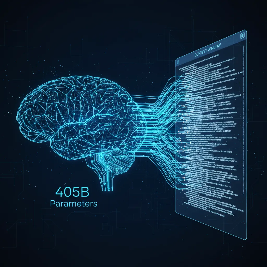Abstract art illustrating the scale of the Llama 3.1 405B parameter model and its large context window.
