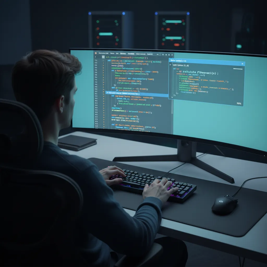 A developer writing code with the assistance of Llama 3.1 AI, showing its advanced coding capabilities.