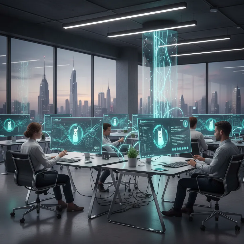 AI agents powered by Llama 3.1 assisting employees in a modern office.