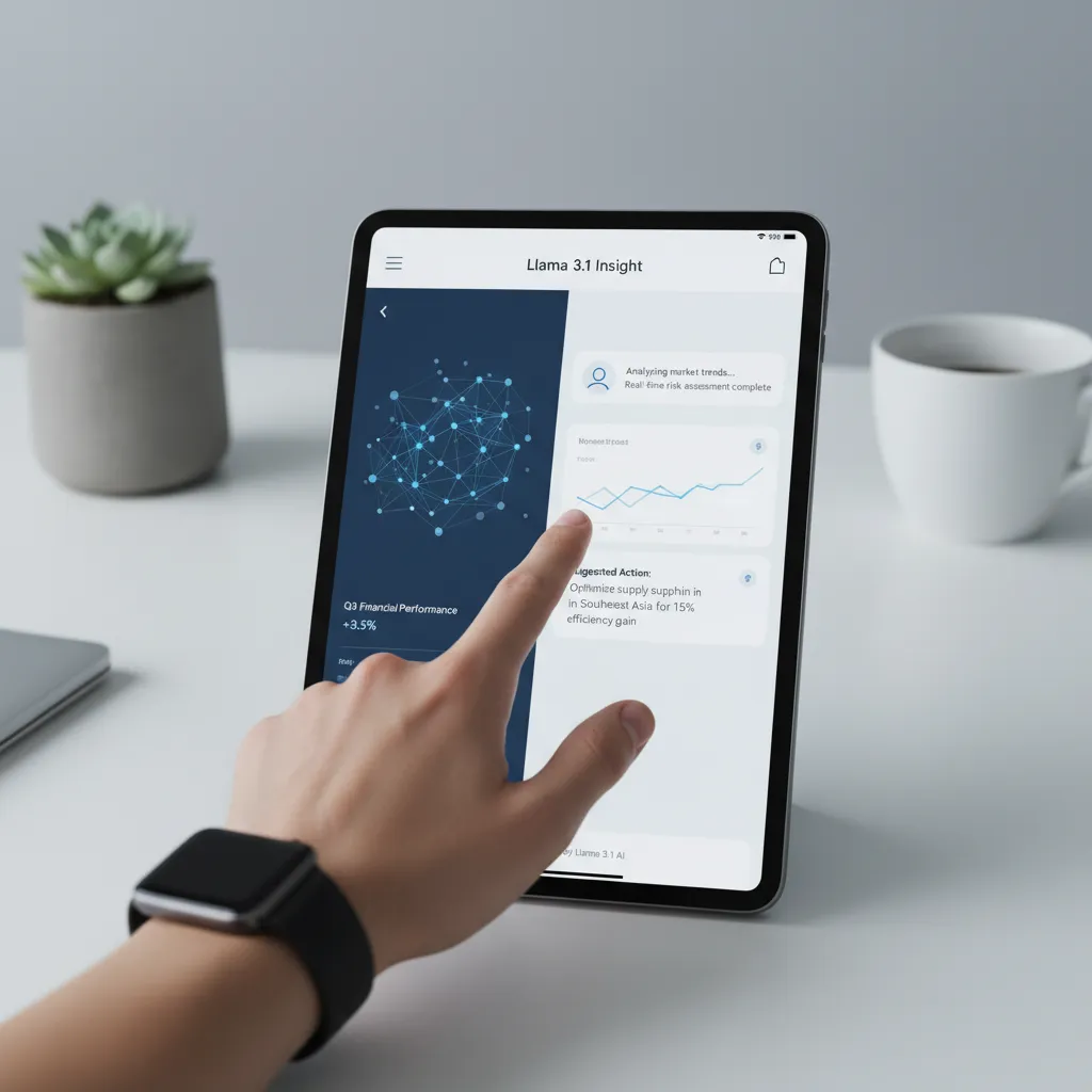 Hand interacting with a tablet displaying Llama 3.1 application.