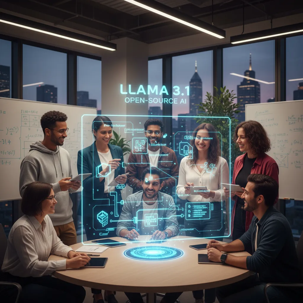 Developers and AI researchers collaborating around a screen displaying Llama 3.1 code.