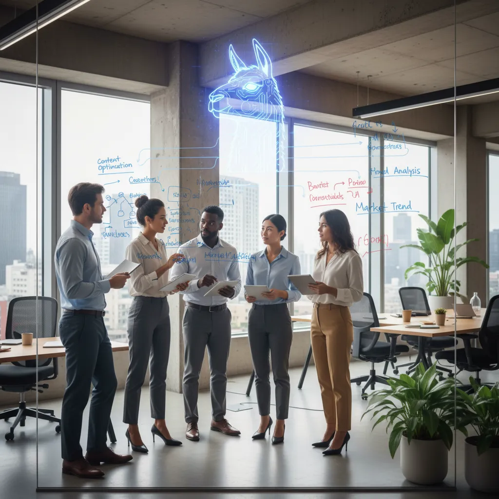 Diverse employees brainstorming in an office with Llama 3.1 AI assisting content generation