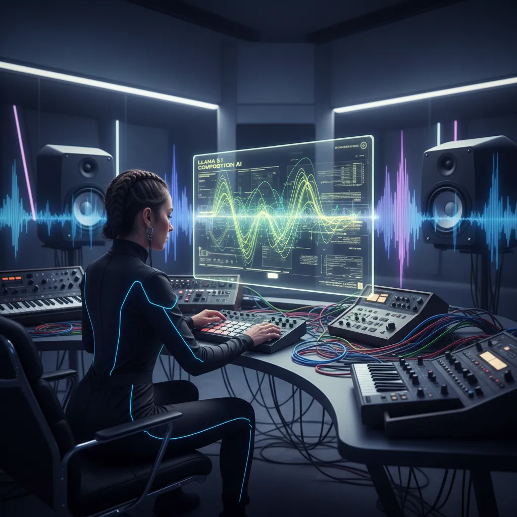 Musician with digital instruments and AI-generated musical notes.