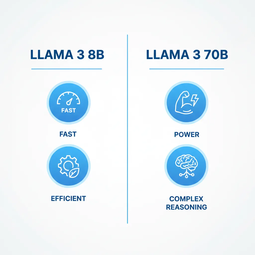 A diagram showing the different sizes of Llama 3 models, 8B and 70B, with their key features.