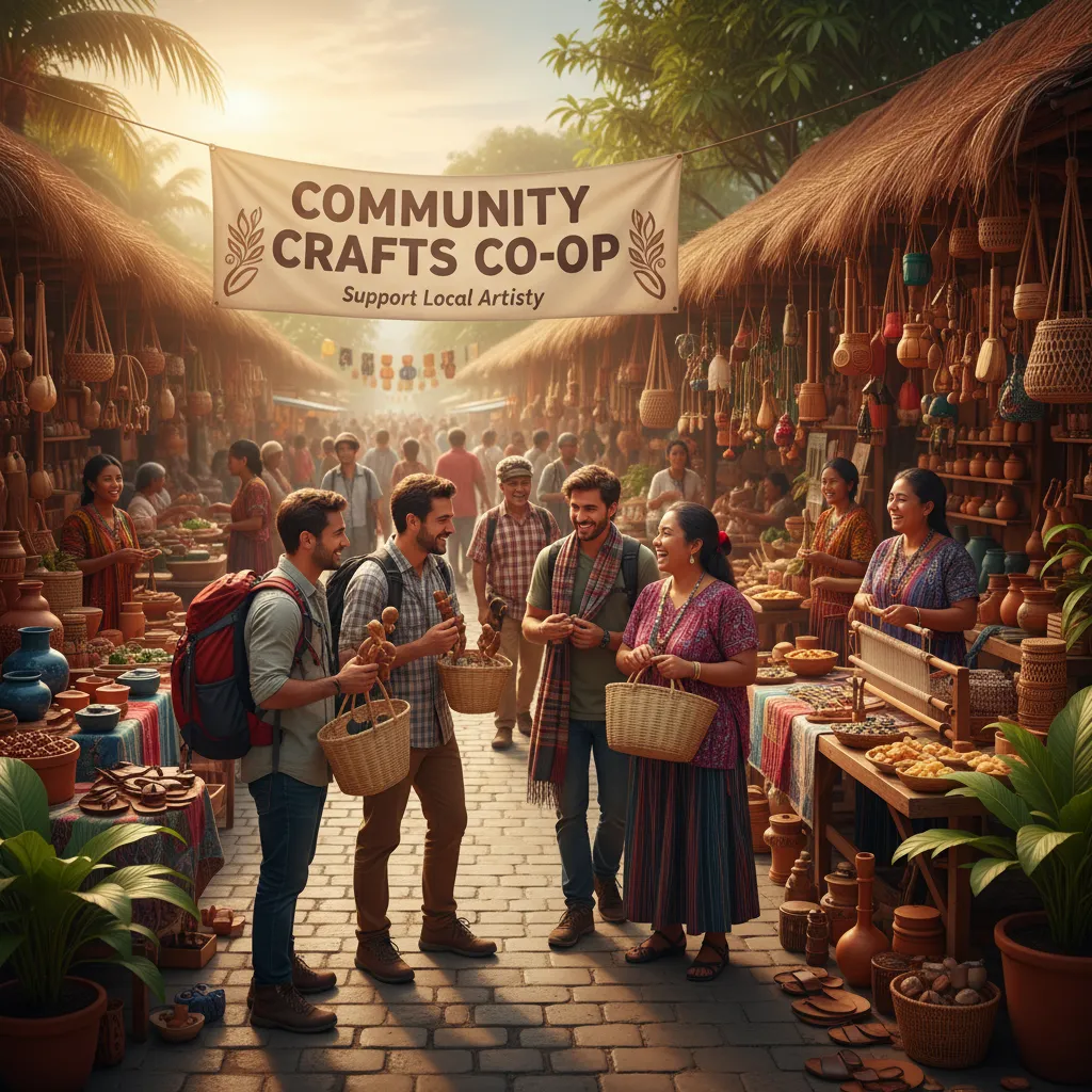 Travelers engaging with local artisans in a vibrant marketplace