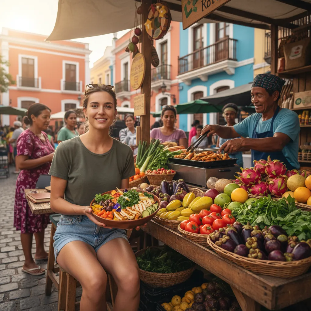 Digital nomad eating local food at a sustainable market