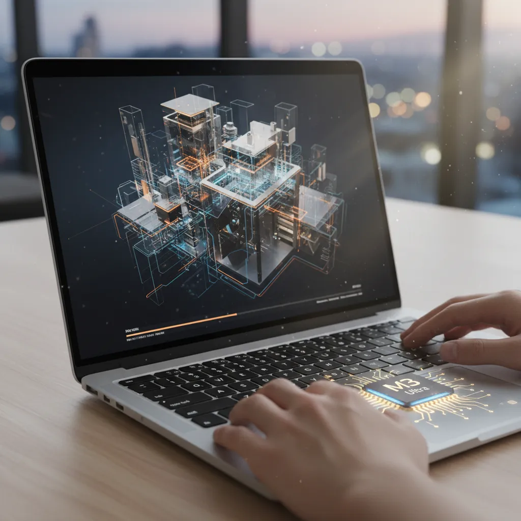 An M4-powered MacBook Pro is shown running complex 3D rendering software, showcasing its performance.