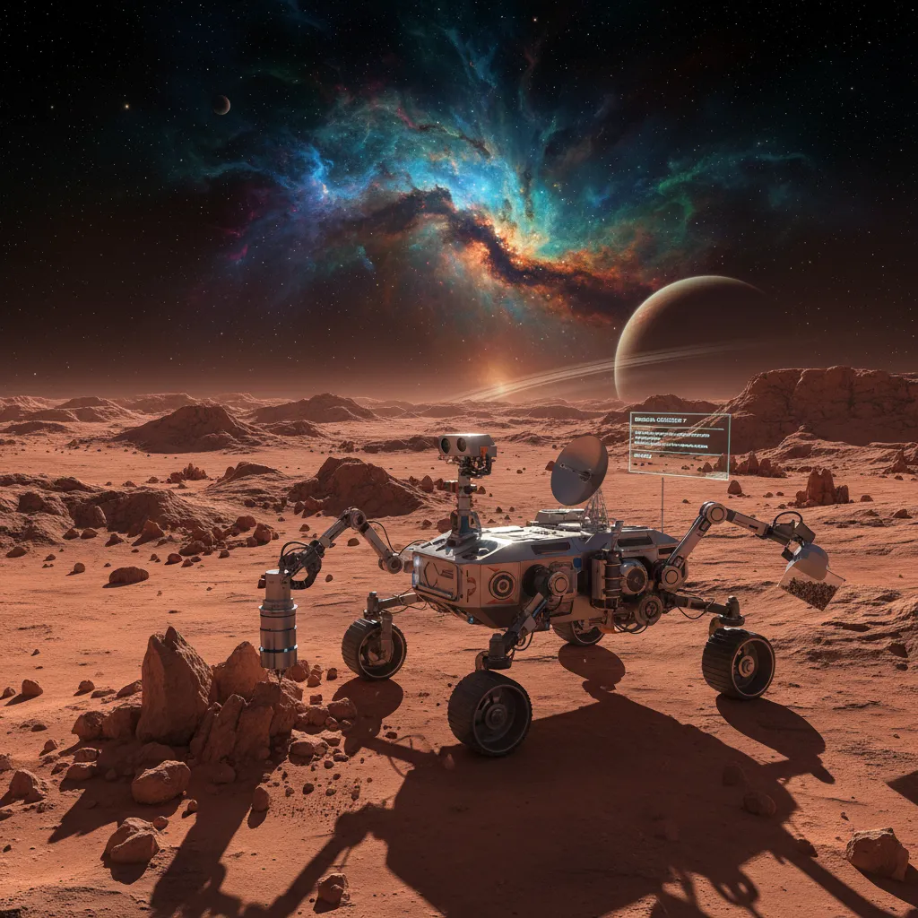 Autonomous rover collecting samples on a barren Martian landscape with a nebula in the sky