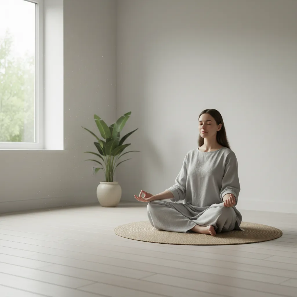 Person meditating in a tranquil, sparsely decorated room.