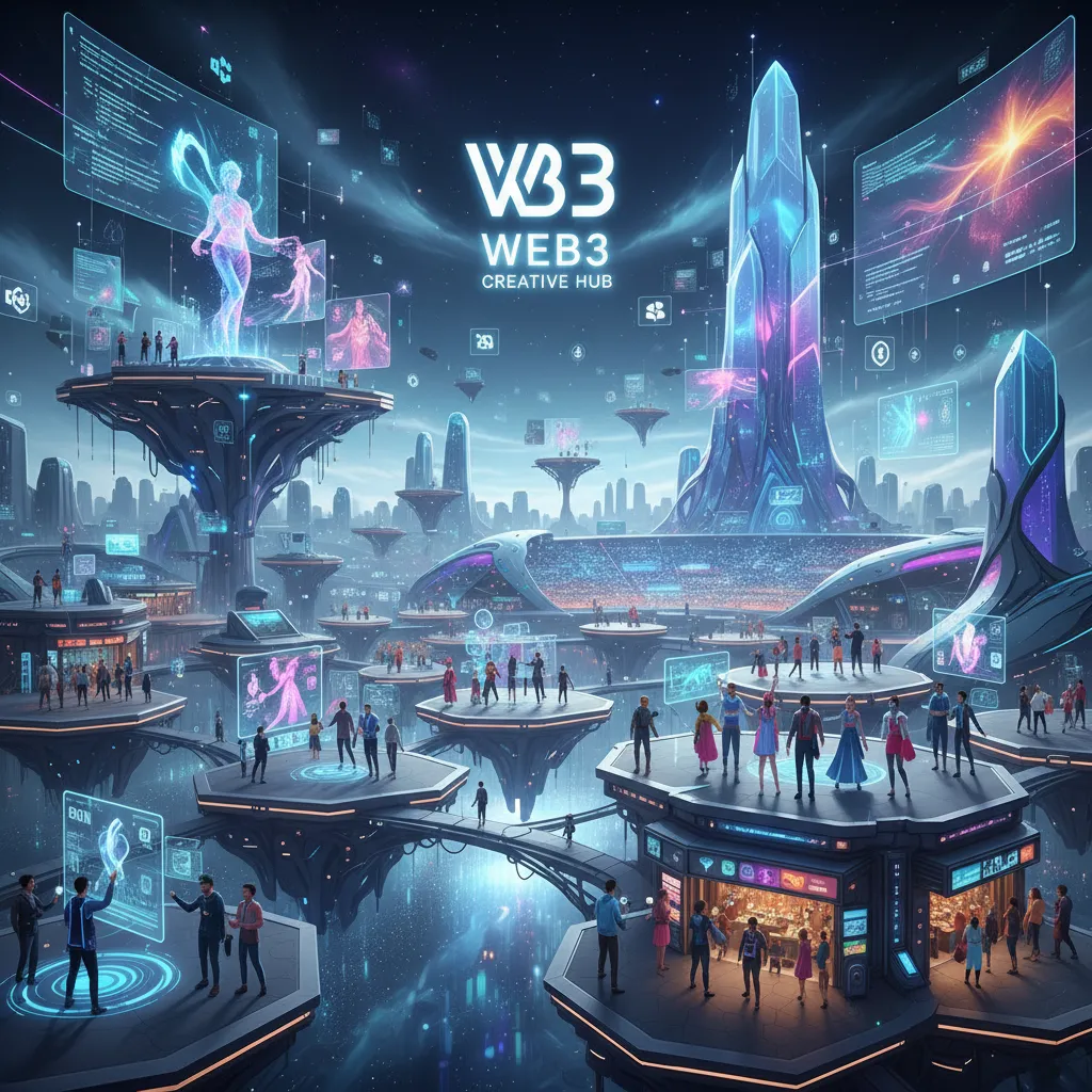 Creators building and showcasing work in a metaverse environment with web3 tools.