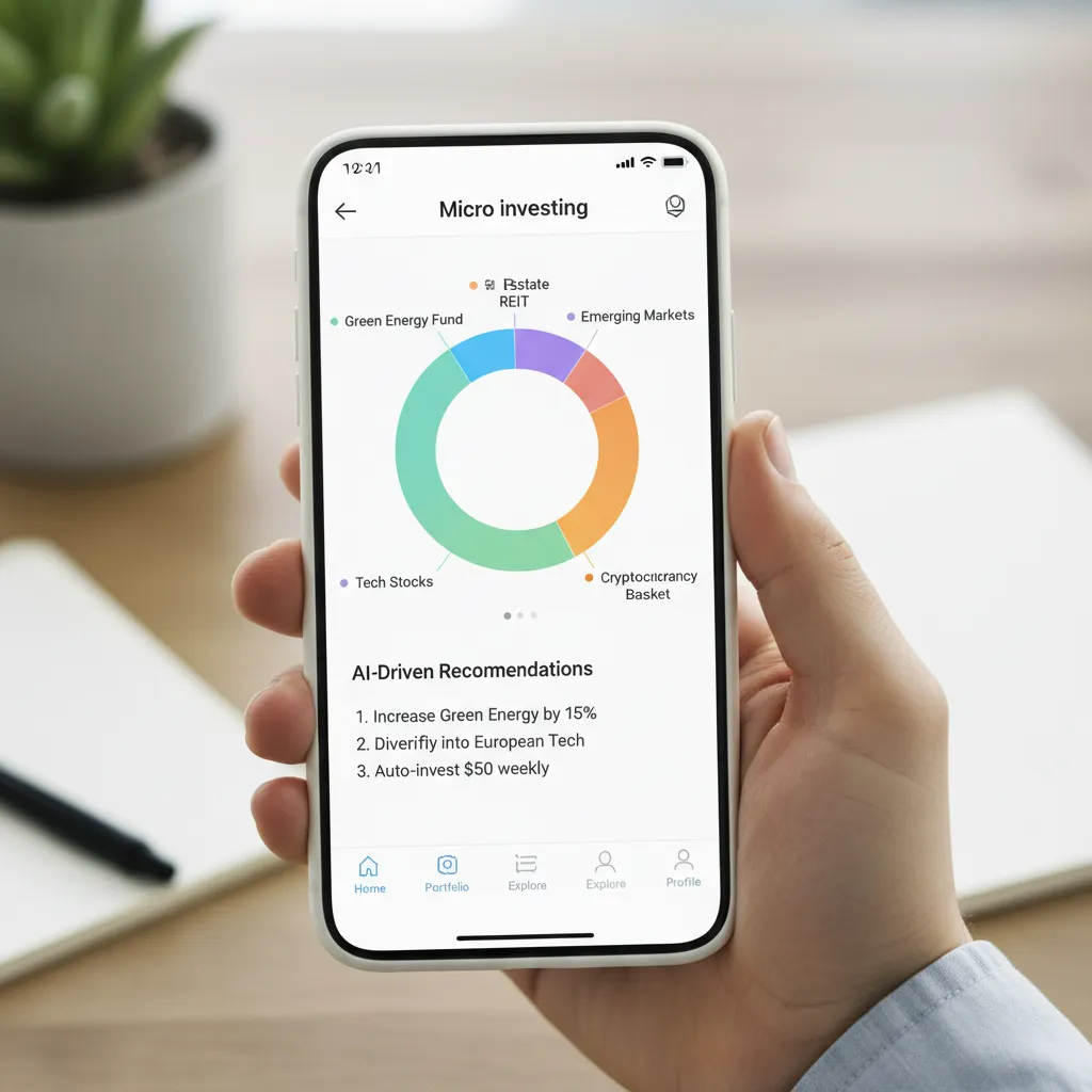 Smartphone showing AI micro-investing app with diversified portfolio