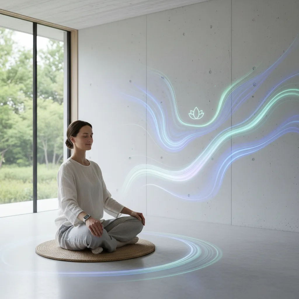 Person meditating with wearable device projecting calming visuals