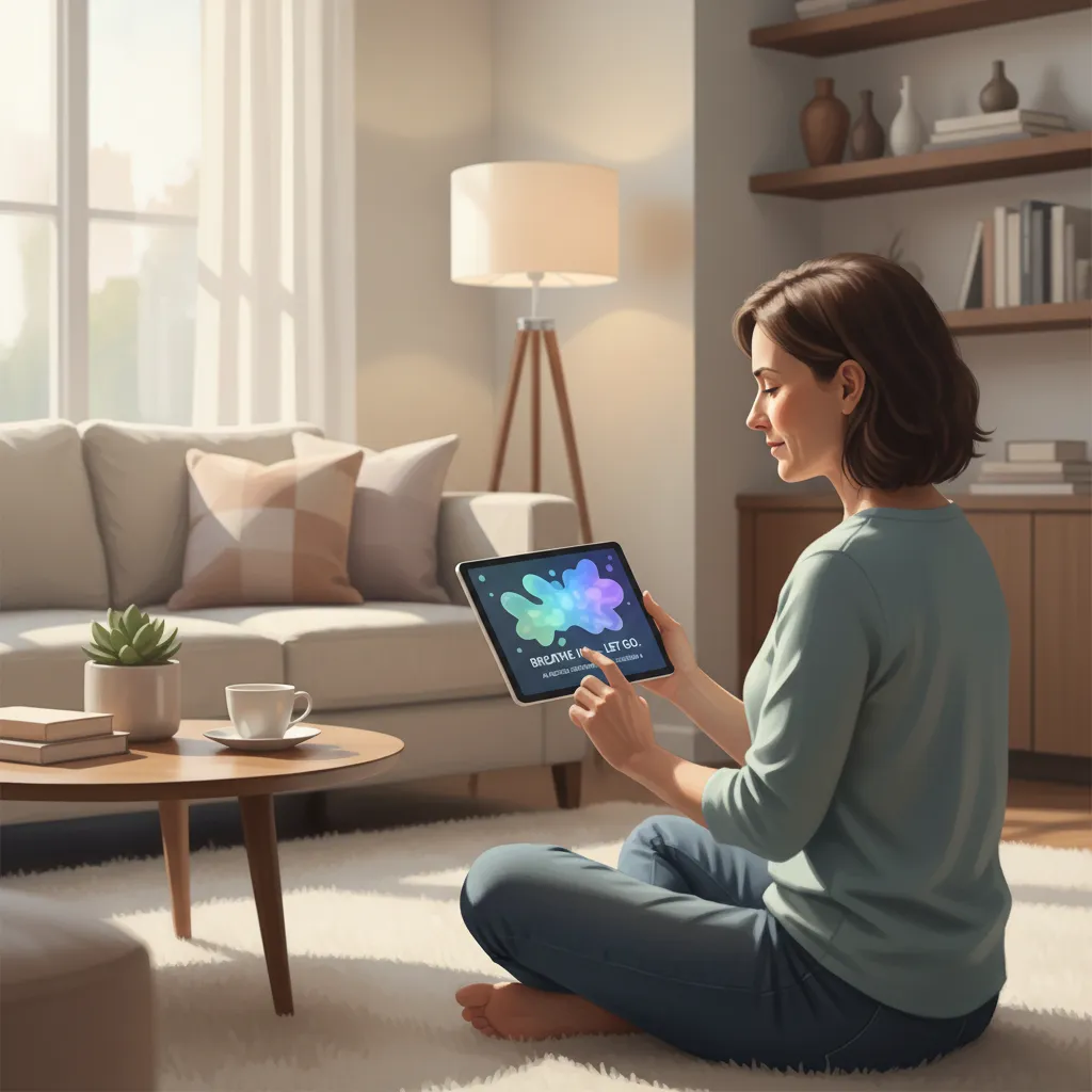 Person using AI mindfulness app on tablet