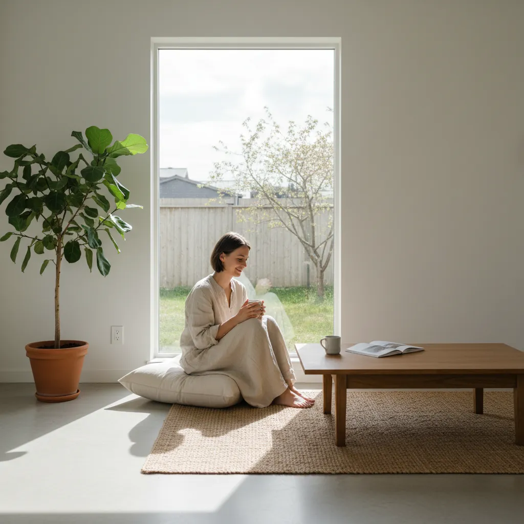 Person enjoying minimalist home interior