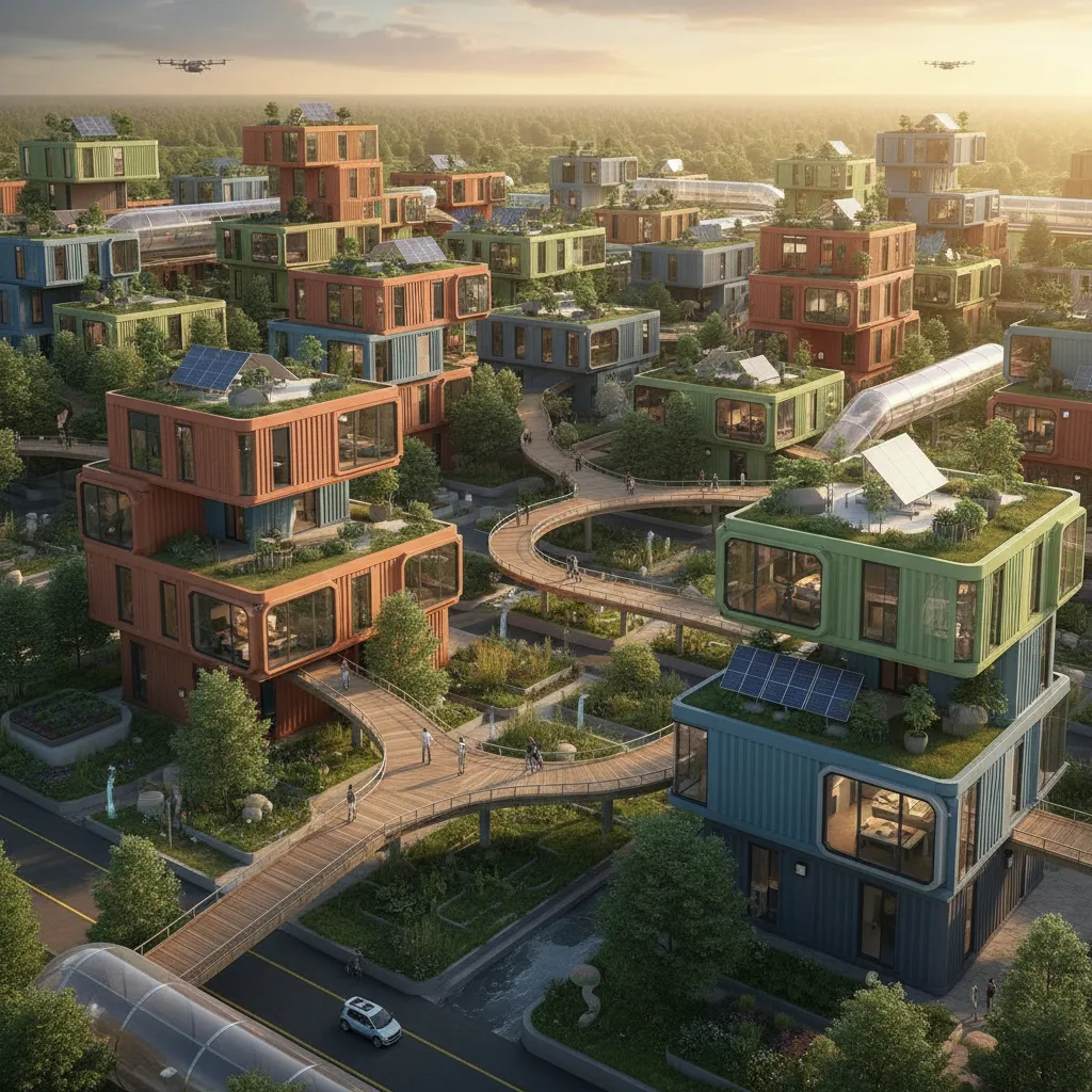 Render of modular housing with green spaces in an eco-city
