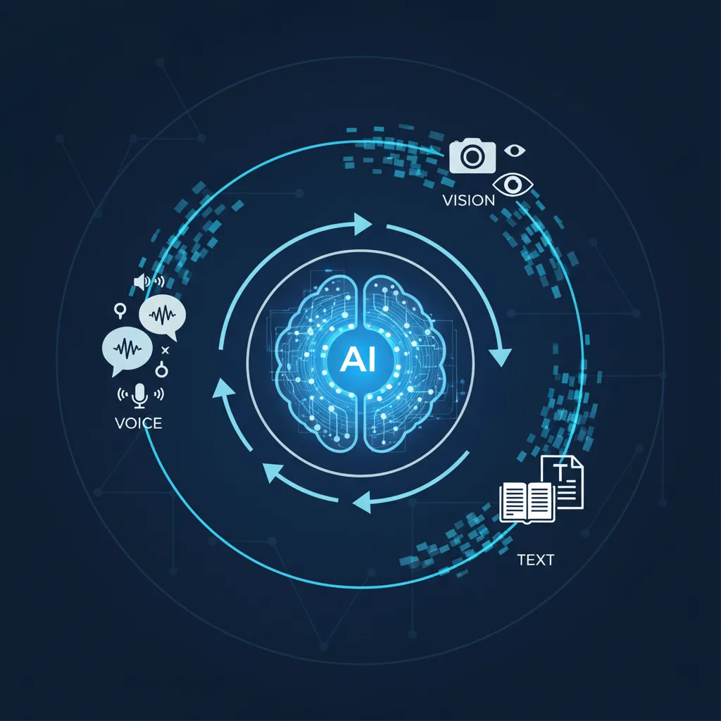 Diagram explaining how multimodal AI processes text, voice, and visual data inputs.