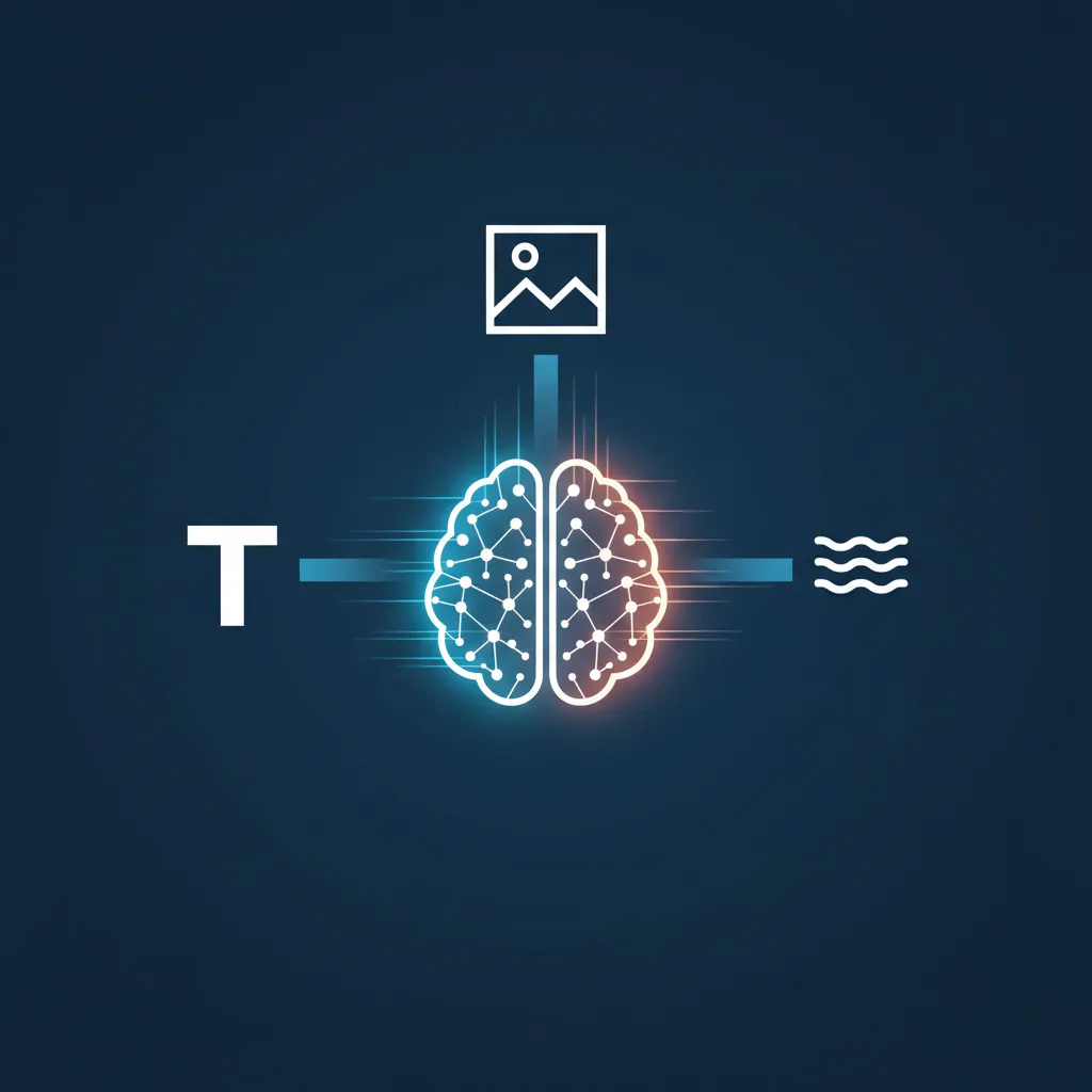 An abstract diagram showing text, image, and audio icons flowing into a central AI brain.
