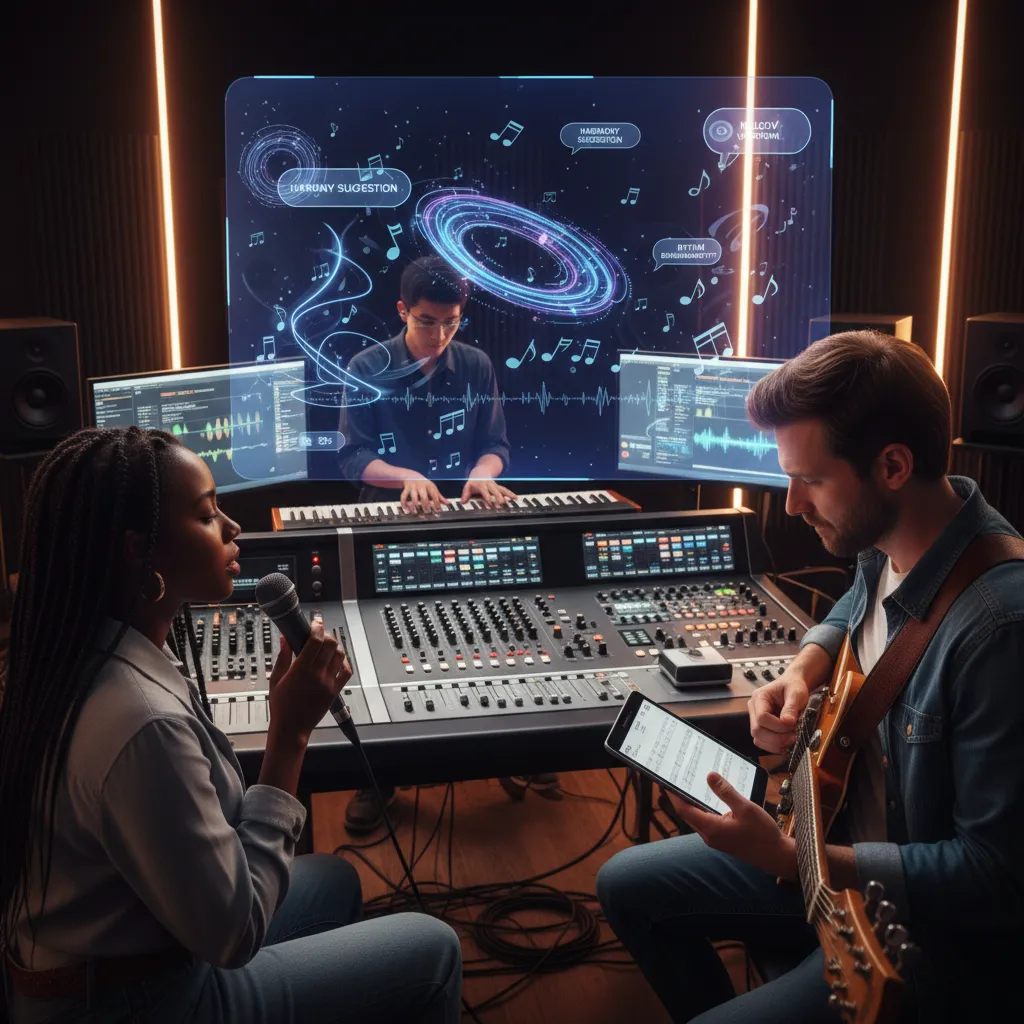 Musicians collaborating with an AI interface in a studio