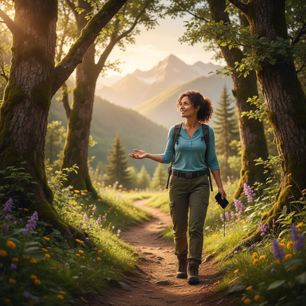 A person is mindfully walking on a path in nature, phone in hand but not in use, focused on their surroundings.