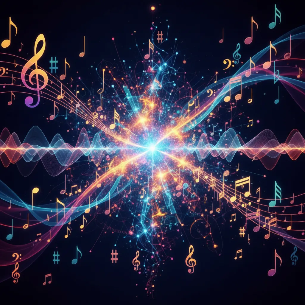 Abstract depiction of AI neural network creating music