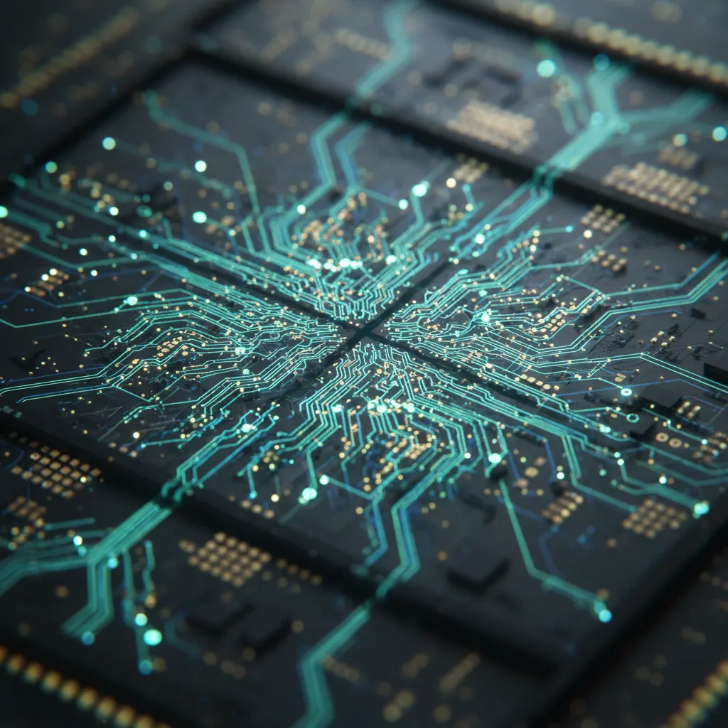 A detailed schematic of a neuromorphic chip's intricate brain-like circuits