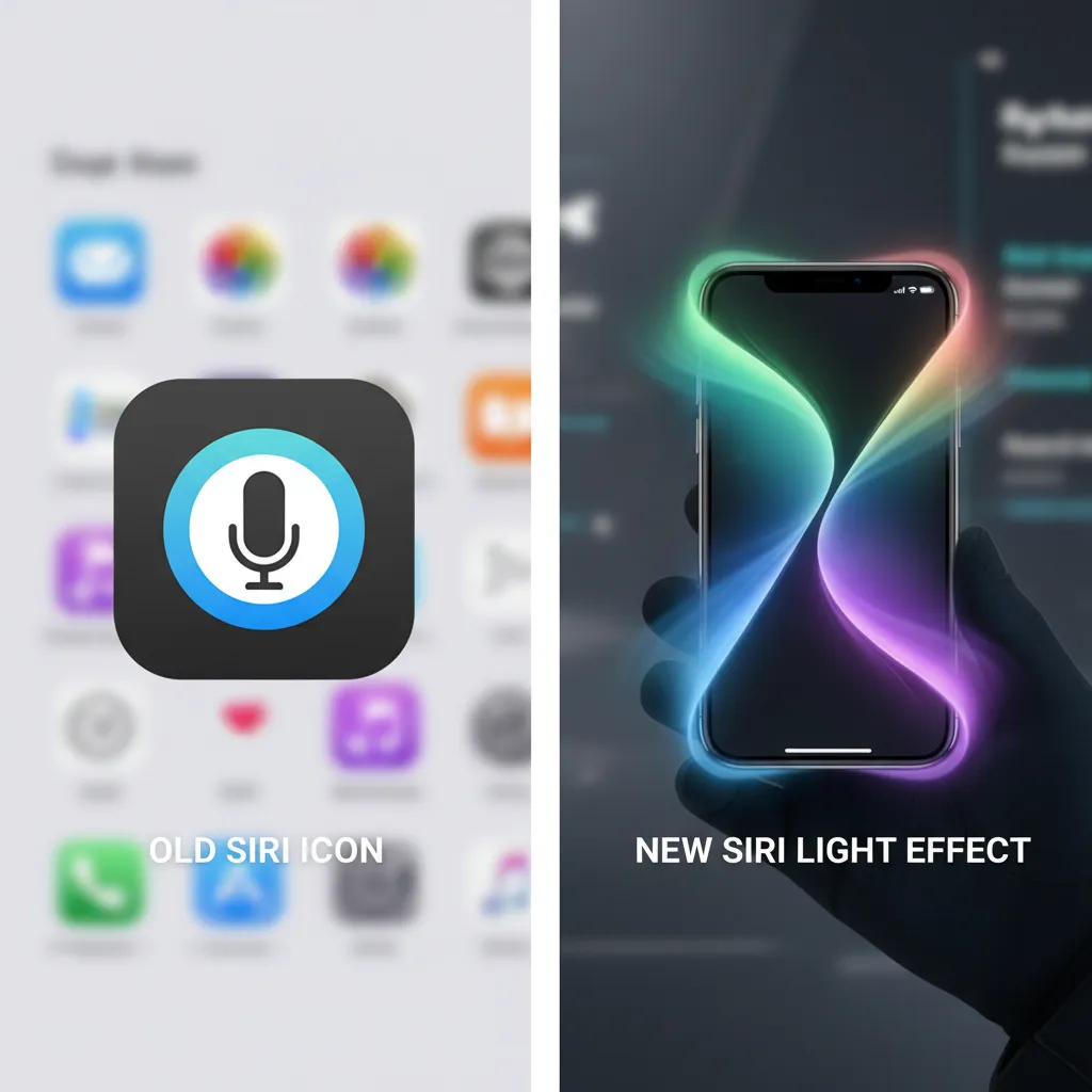 Comparison of the old Siri icon versus the new pulsating AI light effect on an iPhone 15 Pro.