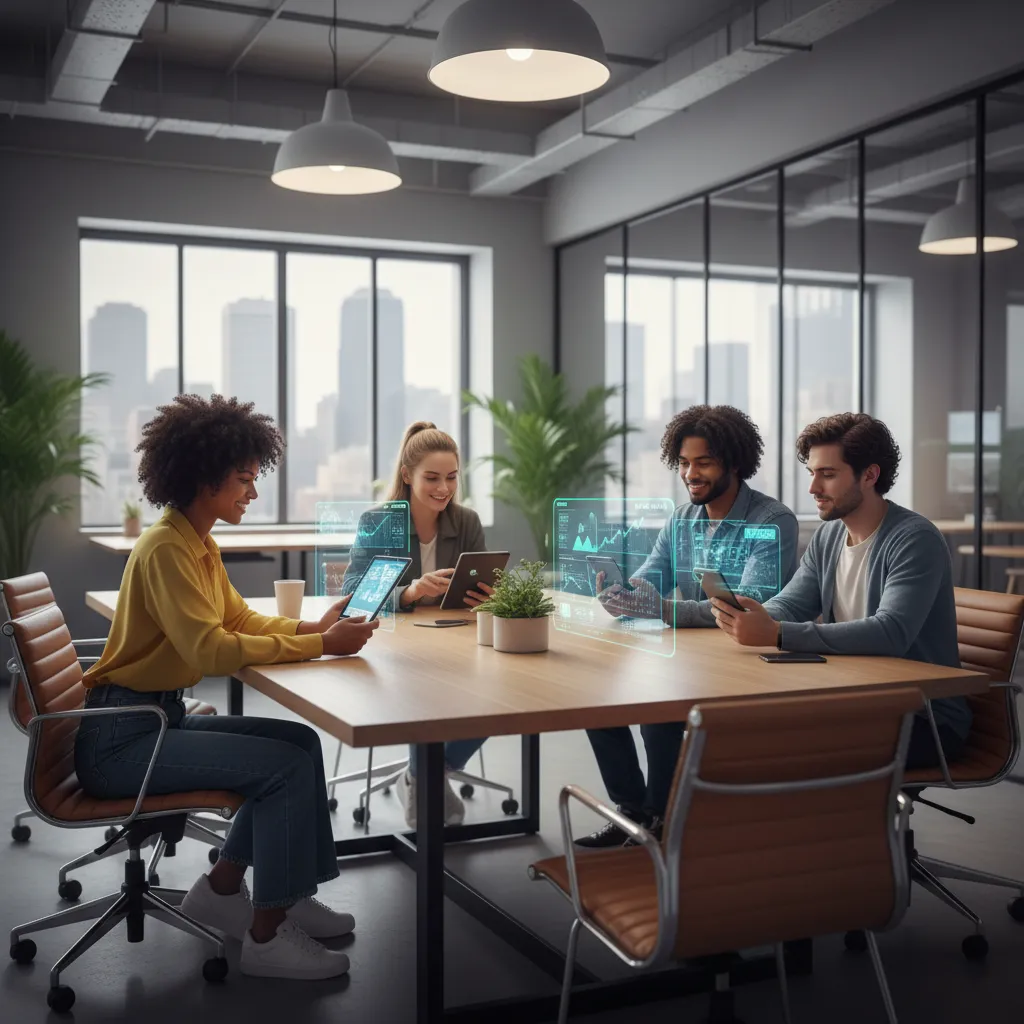 A group of young adults collaborates around a tablet displaying dynamic AI investment portfolios and analytics.