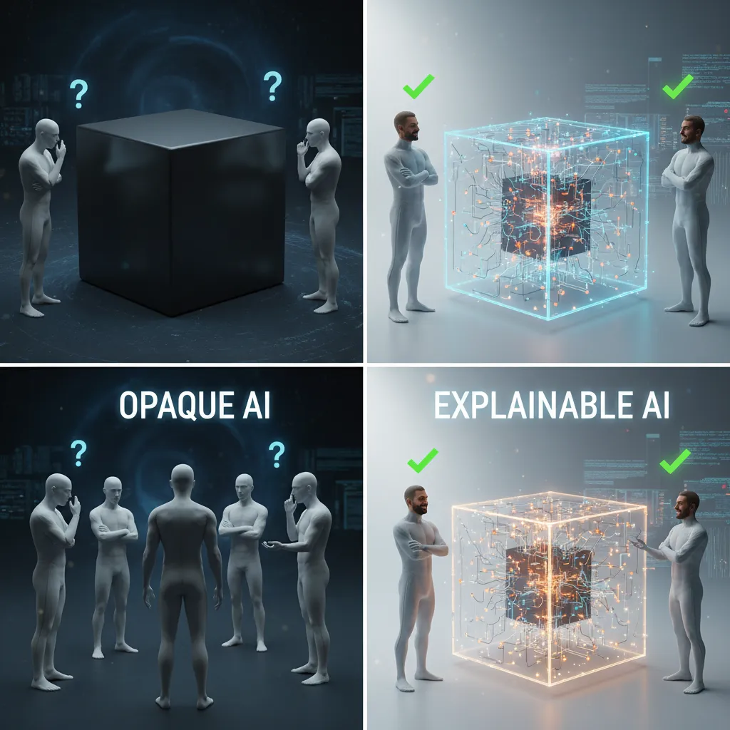 Illustrating the difference between a mysterious black box AI and a transparent, explainable AI model with clear internal processes.