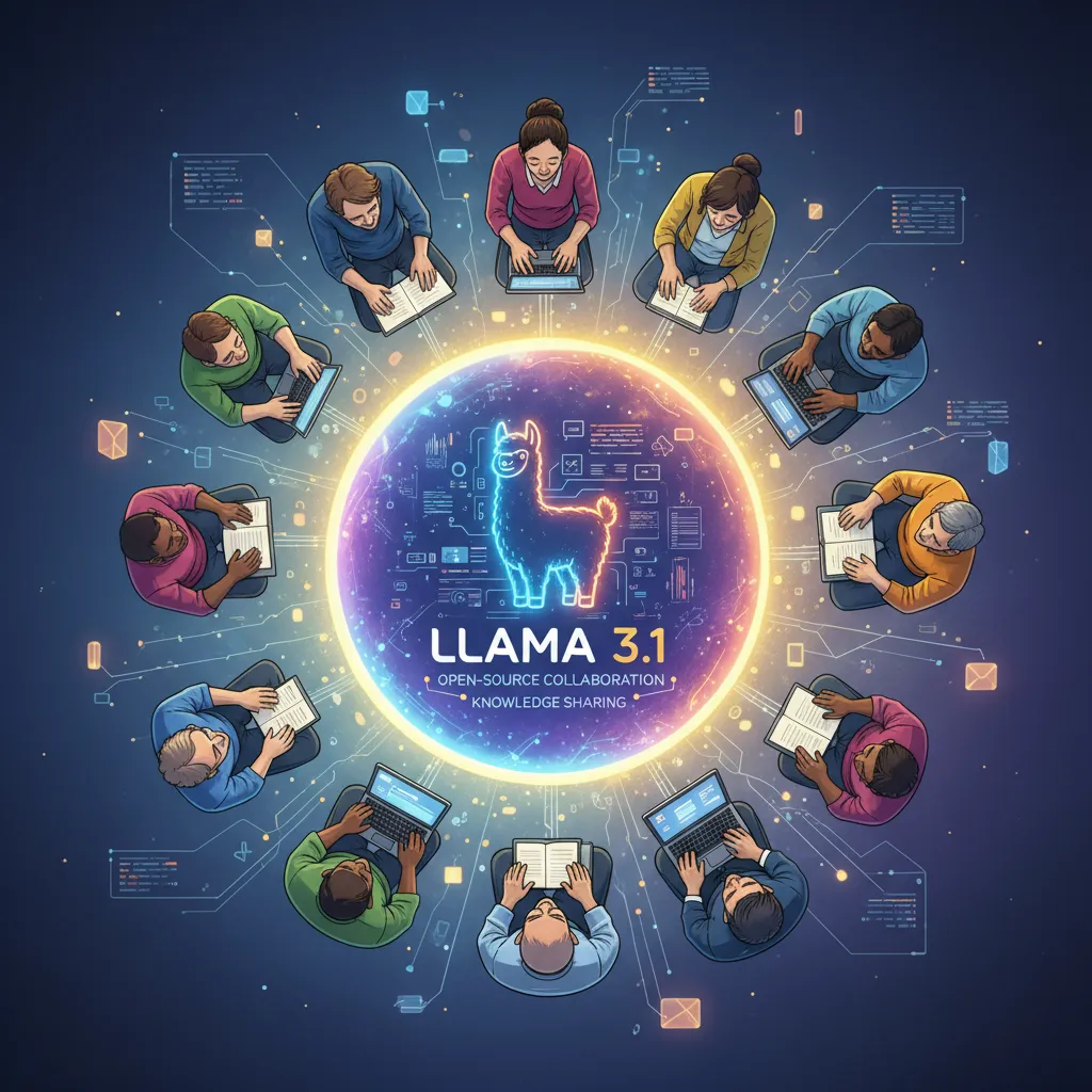 Diverse group of people collaborating around a central glowing orb, symbolizing open-source AI community