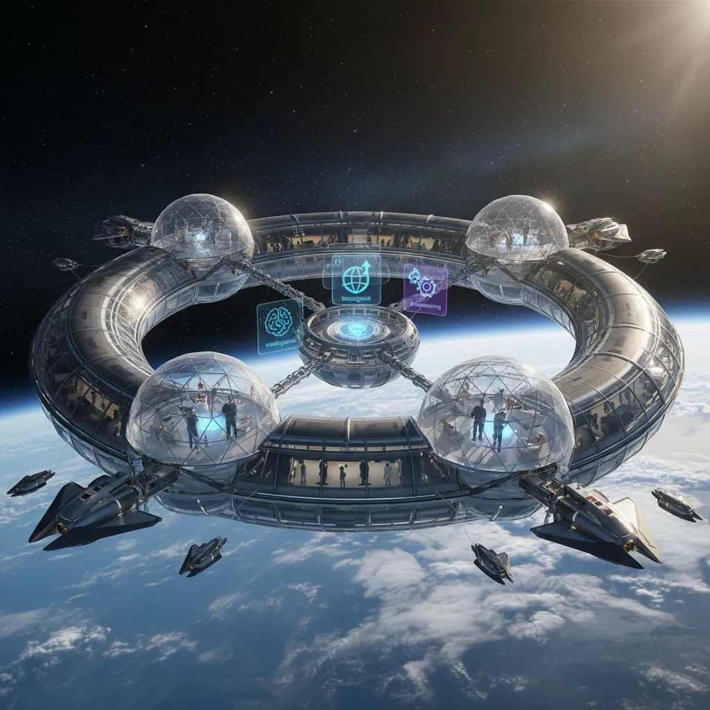 Futuristic space hotel orbiting Earth with transparent domes and AI holographic displays.