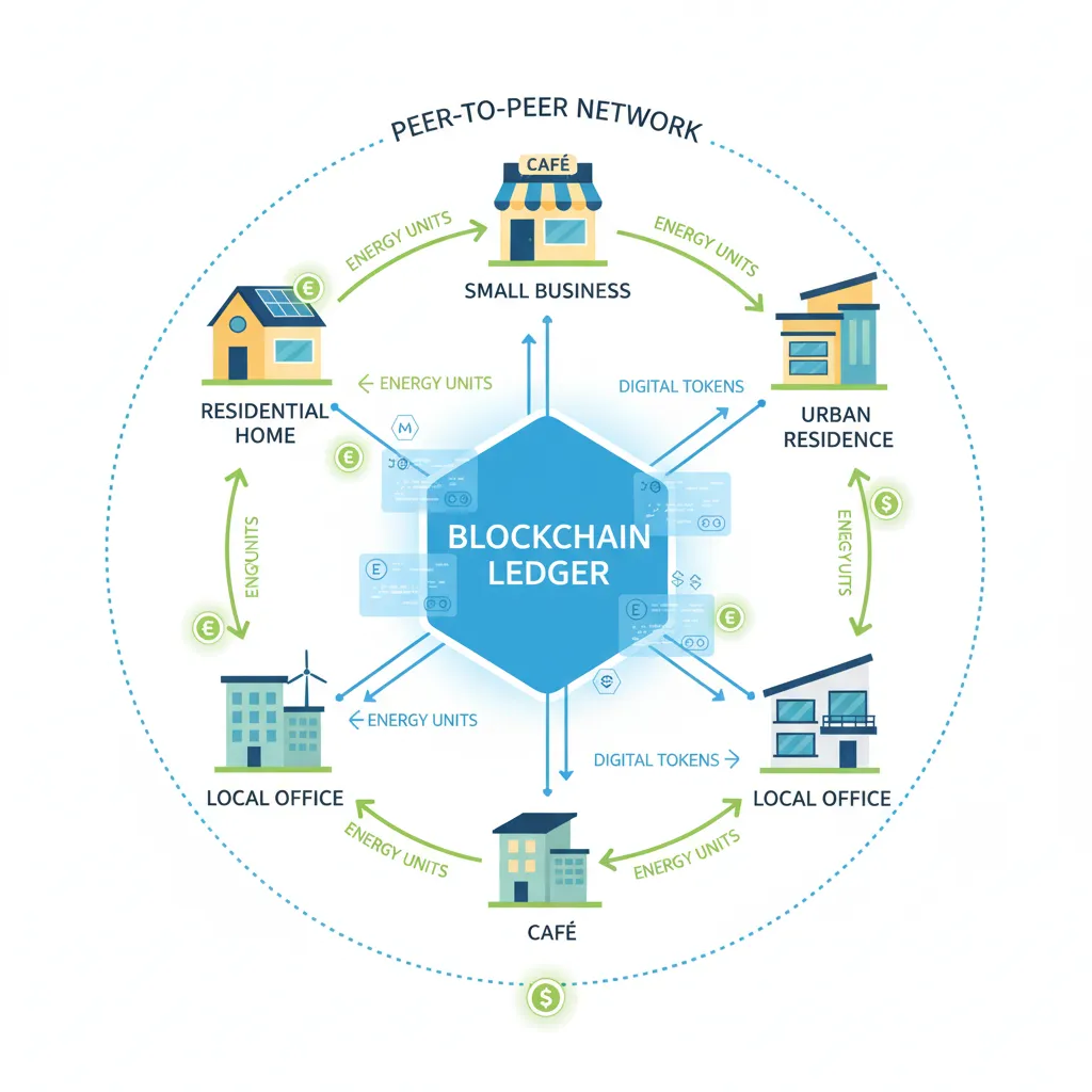 Diagram of a blockchain-based peer-to-peer energy trading platform connecting homes and businesses.