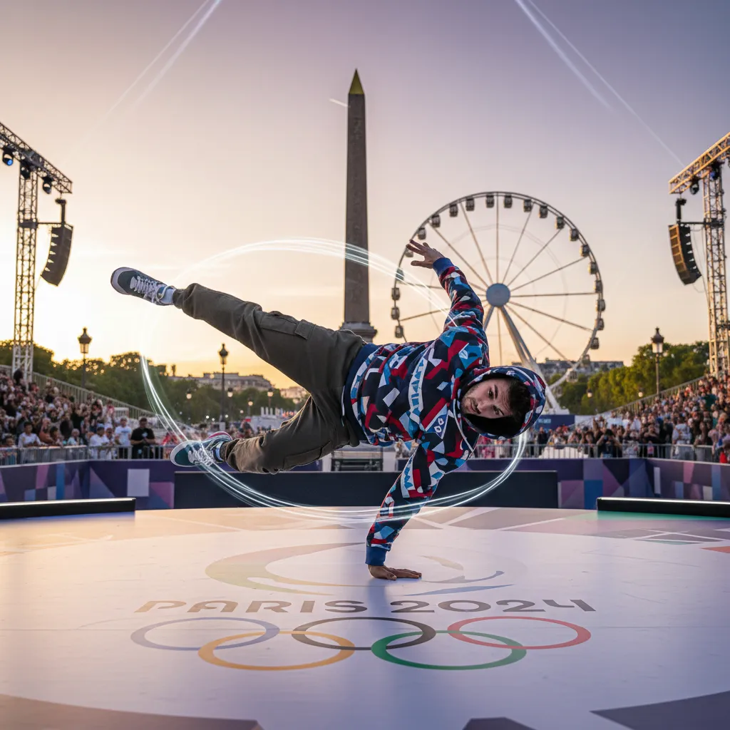An athlete breakdancing in front of the Place de la Concorde, a new Olympic sport.