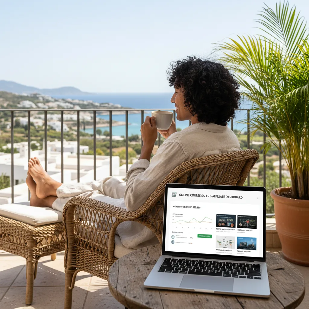 Person relaxing while a laptop displays a passive income stream.