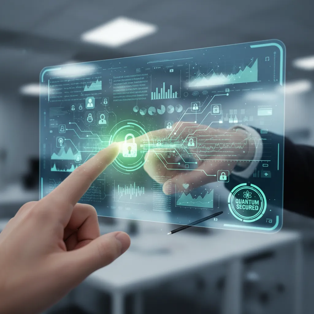 Holographic interface showing quantum-secured personal data