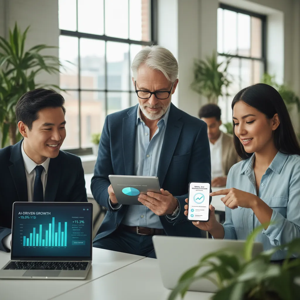 Diverse investors reviewing AI-driven personalized investment dashboards.